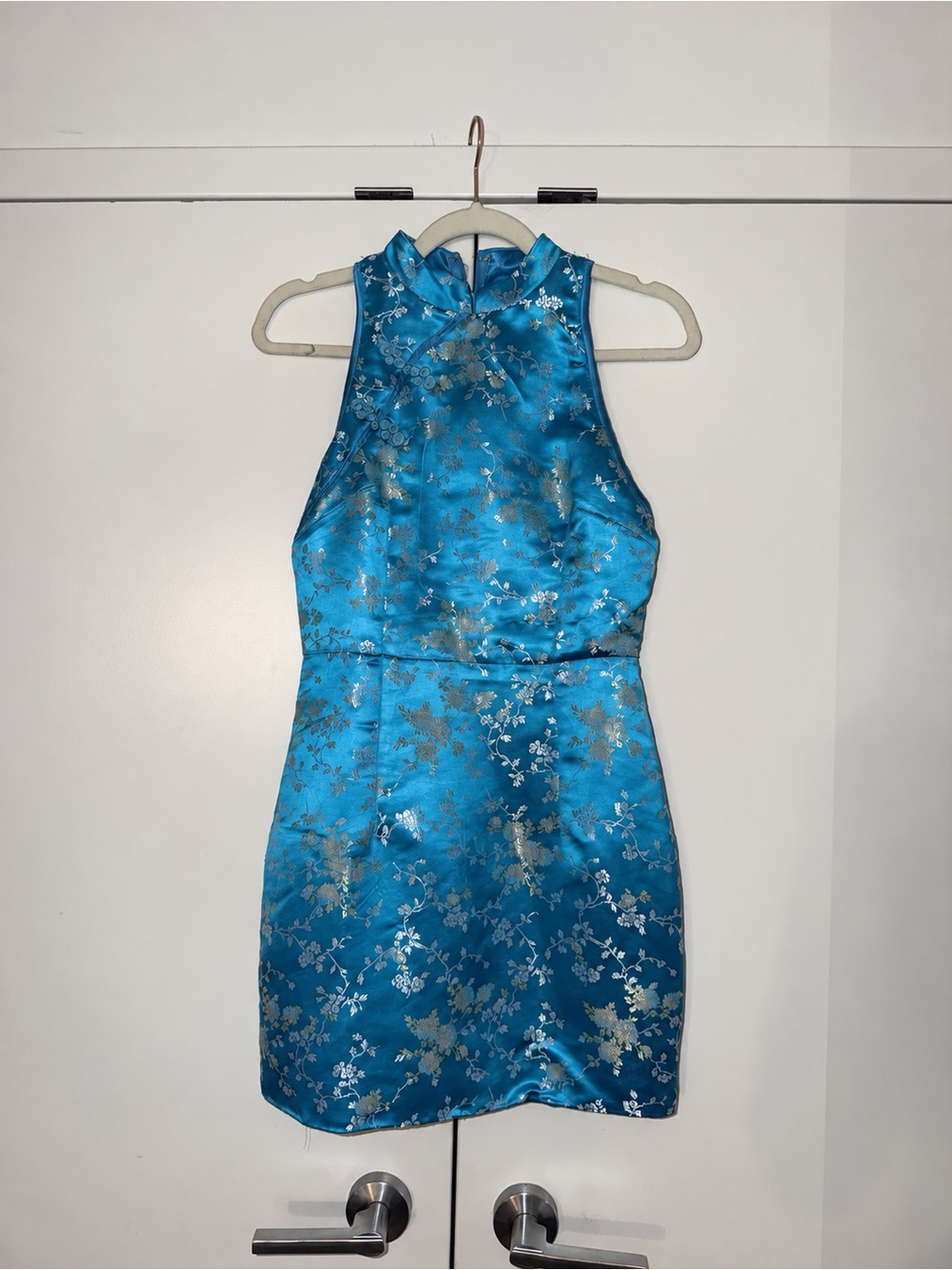 Fashion Nova Turquoise Blue Satin Floral Halter Mini Dress